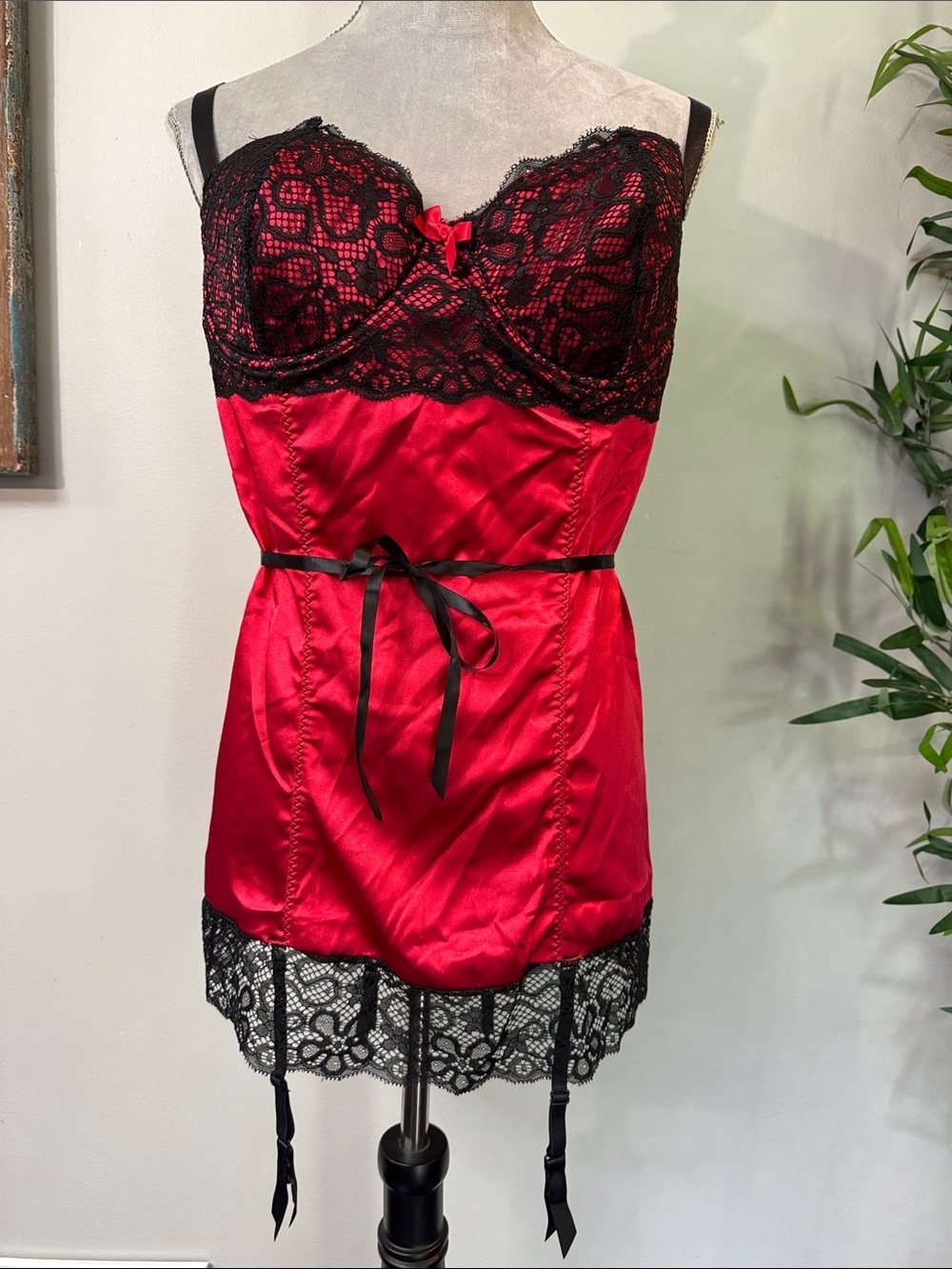 Frederick's of Hollywood vintage Red Satin Chemise Black Lace and garter straps